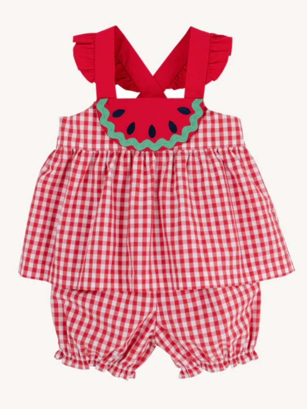 The Beaufort Bonnet Company Gingham Watermelon Appliqué Dress w Ruffle Bloomers